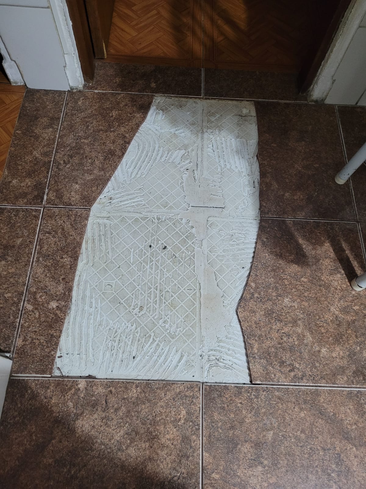 Trecho de piso sem azulejo, no vão de passagem entre os cômodos.