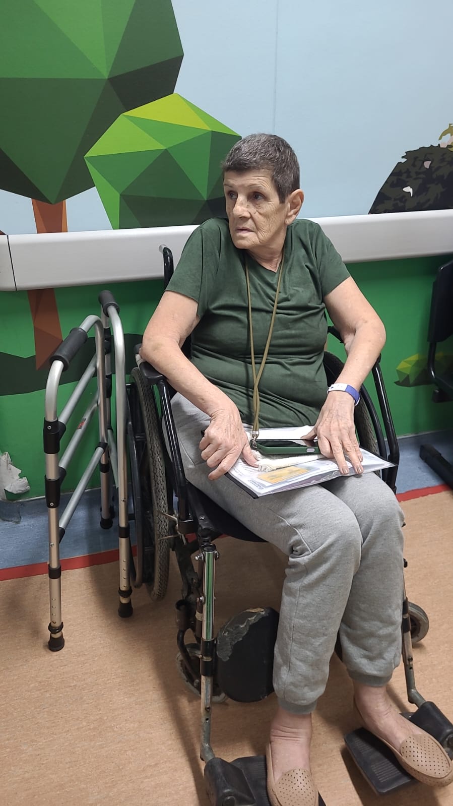 Solange sentada na cadeira de rodas, com o andador ao lado.